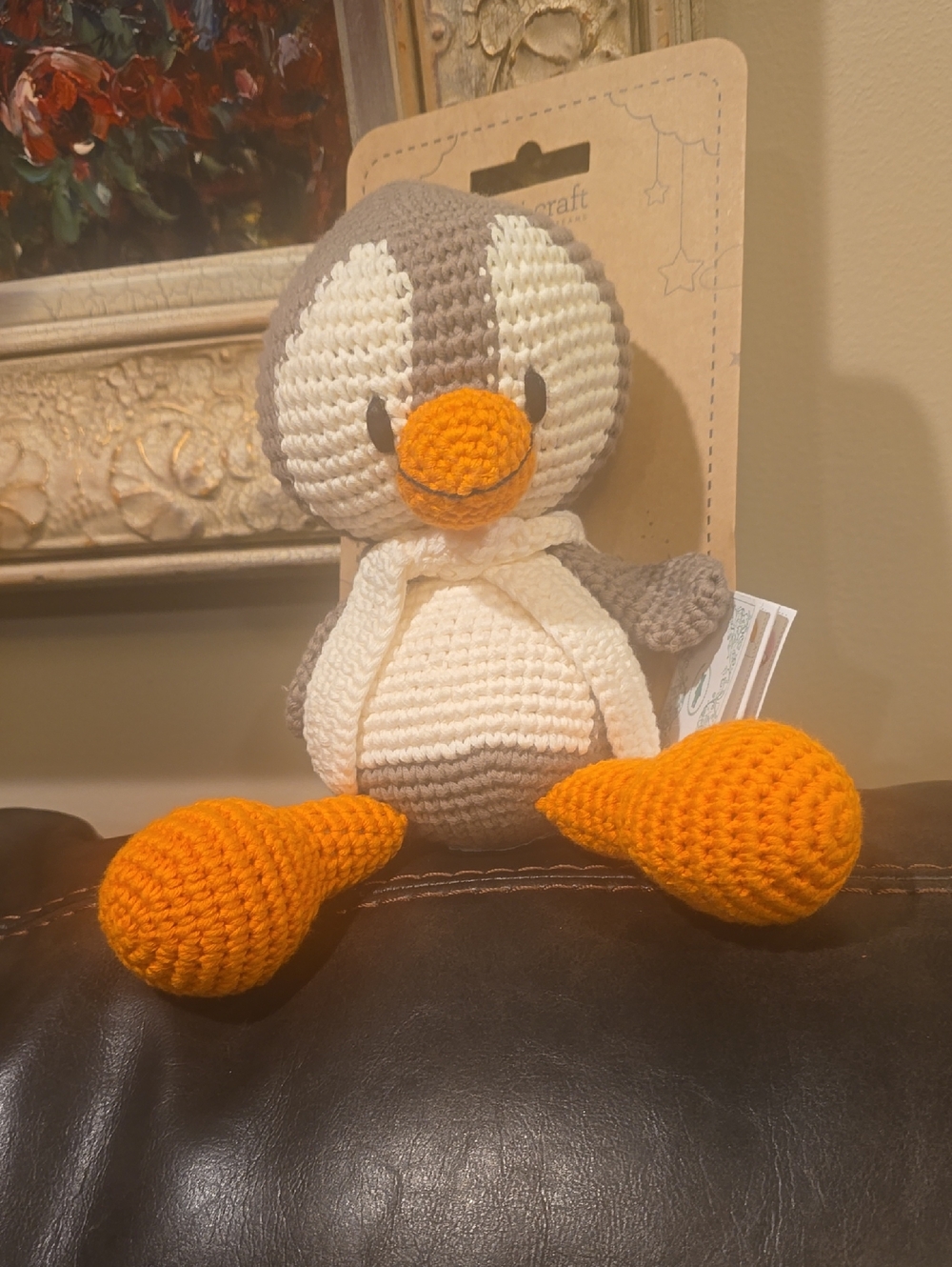 Crocheted Penguin Plush Toy - Gray, Cream & Orange